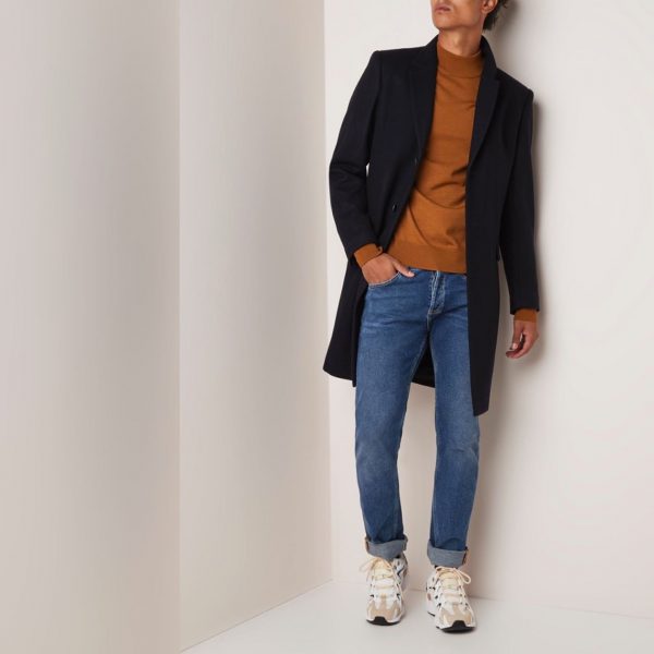 Sandro Long wool blend coat with flap pockets dark blue