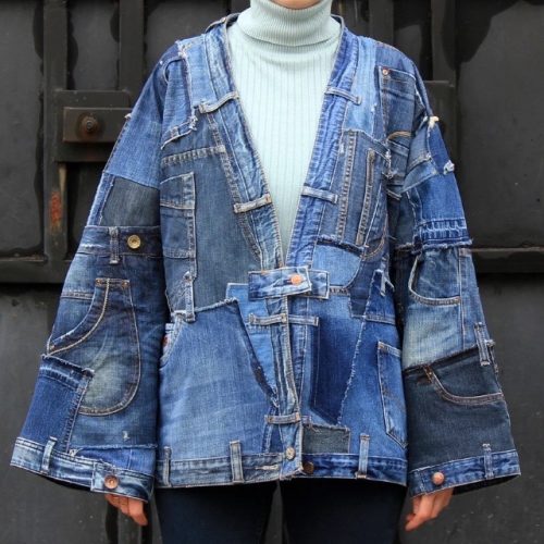 Denim patchwork Kimono, Ripped jeans oversize jacket, Unisex denim parka