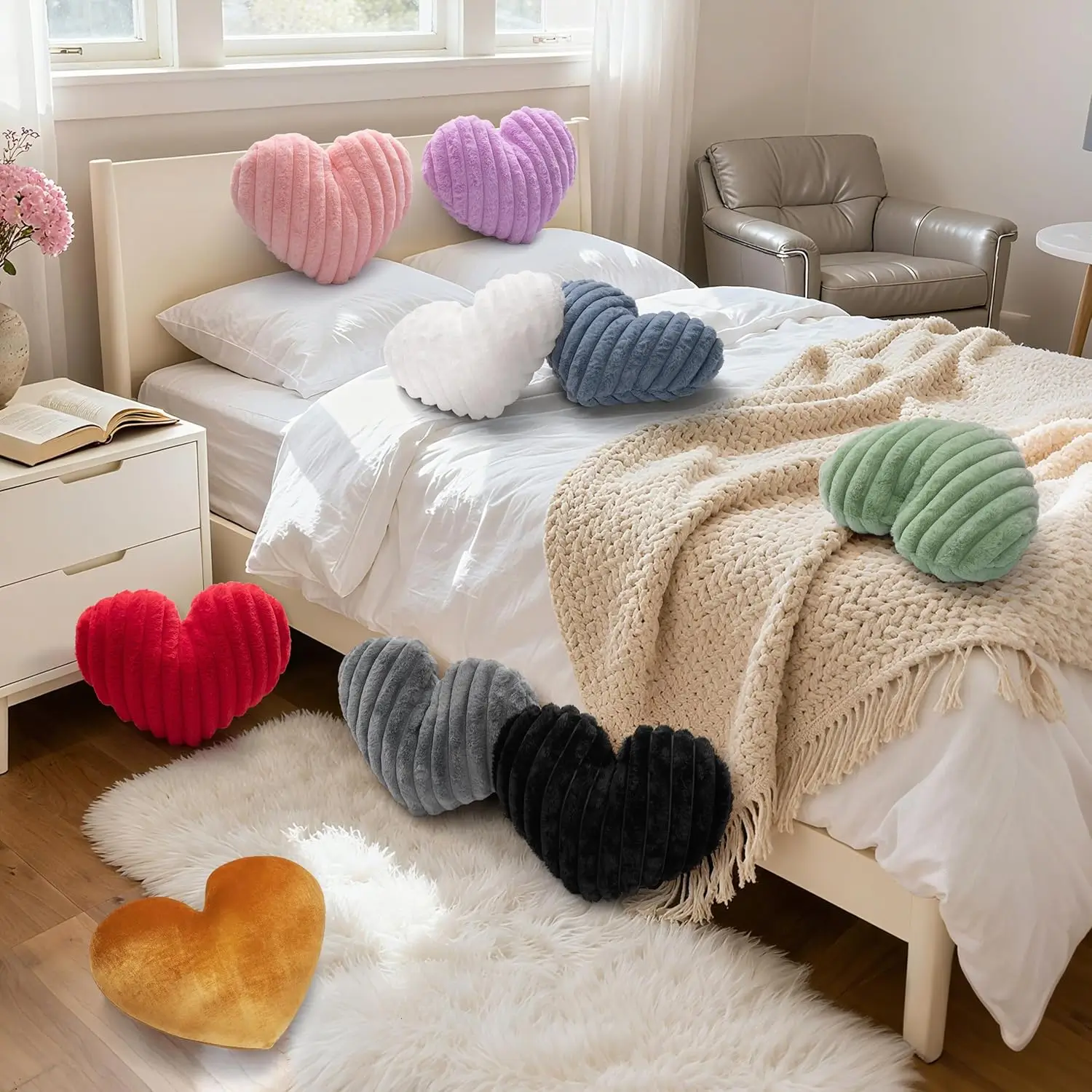 Heart Throw Pillows, Heart Shaped Soft Fluffy Faux Fur Cute Pillows for Women Valentine Anniversary Couch Bed Bedroom Room Home Decor Aesthetic